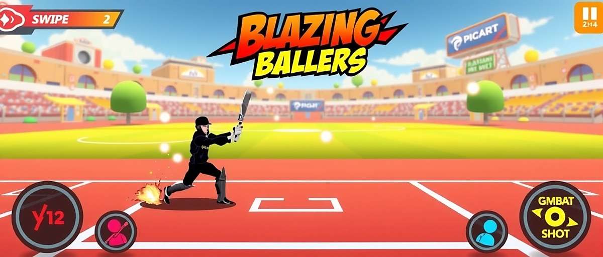 Blazing Ballers gameplay showing batting interface with swipe gestures and shot indicators