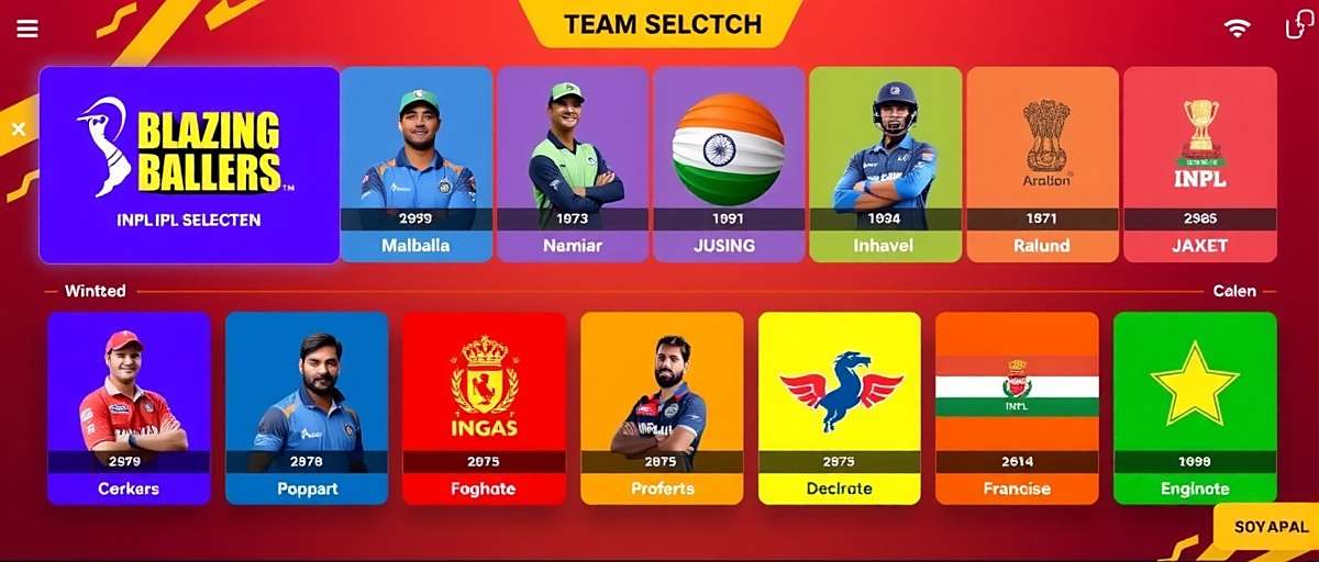 Blazing Ballers team selection screen showing various Indian cricket teams including IPL franchises