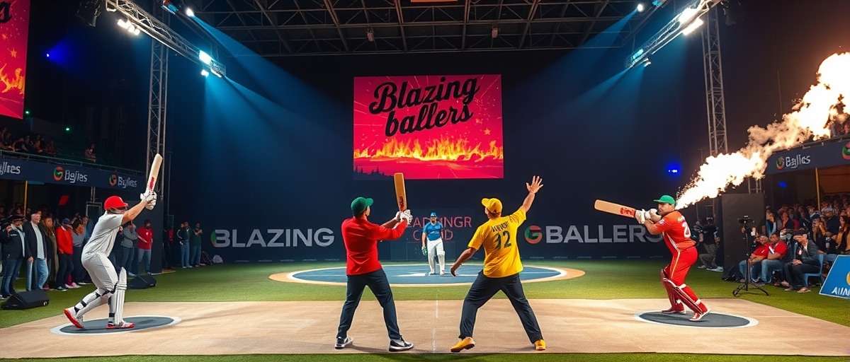 Blazing Ballers tournament event in India with players competing on stage and large audience of cricket fans